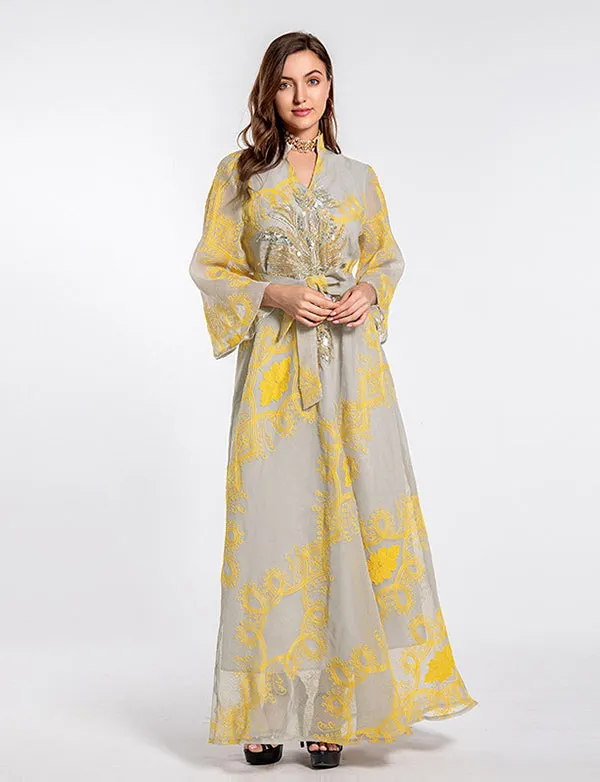 Abaya musulmane perlée robe de soirée jaune polie