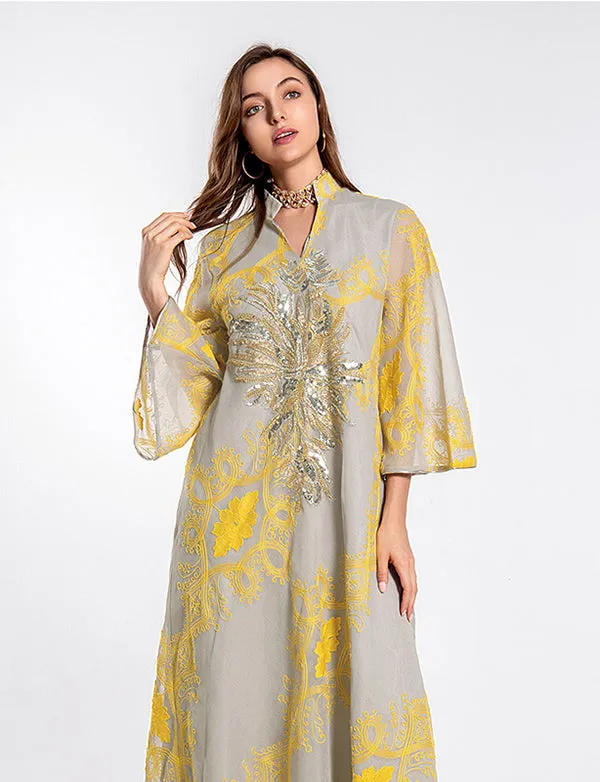 Abaya musulmane perlée robe de soirée jaune polie