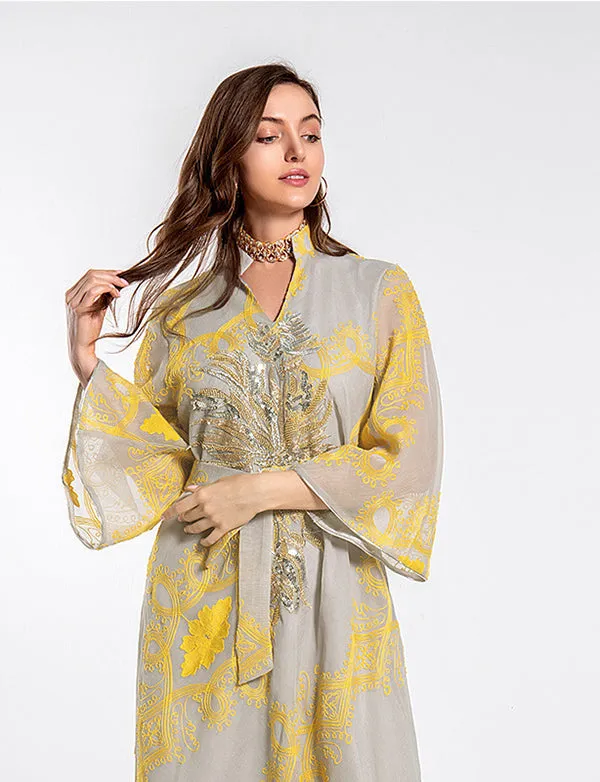 Abaya musulmane perlée robe de soirée jaune polie