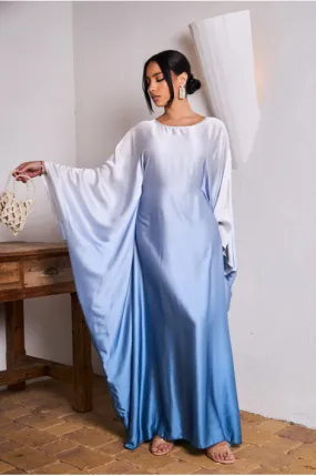 Abaya satinée dégradée grise, bleu , bleu ciel