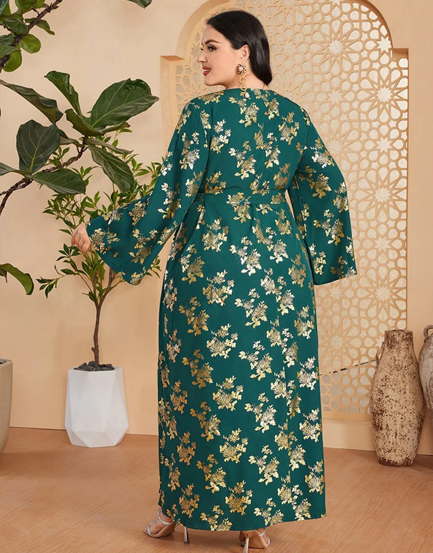 Caftan marocain Abaya grande taille vert foncé avec ceinture