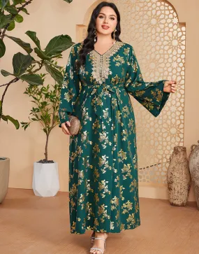 Caftan marocain Abaya grande taille vert foncé avec ceinture