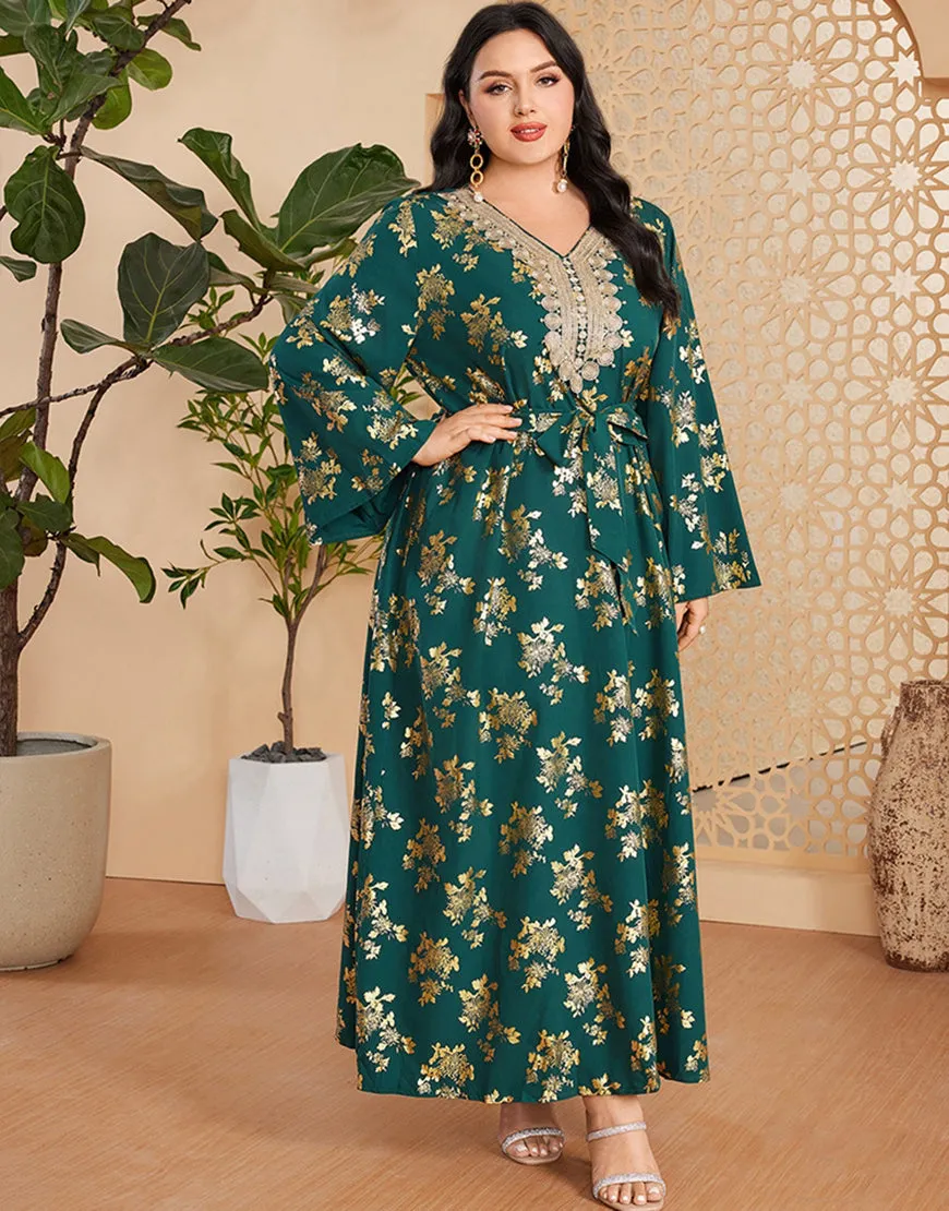 Caftan marocain Abaya grande taille vert foncé avec ceinture