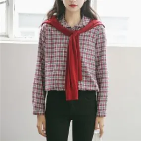 Chemise à carreaux rouges et gris pour femme manches longues