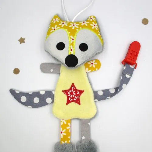 Doudou attache tétine, renard, gris jaune rouge, tissu coton minky, hauteur 23 cm, personnalisable en couleur