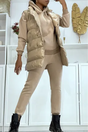 Ensemble 3 pièces doudoune sans manche avec sweat et jogging taupe