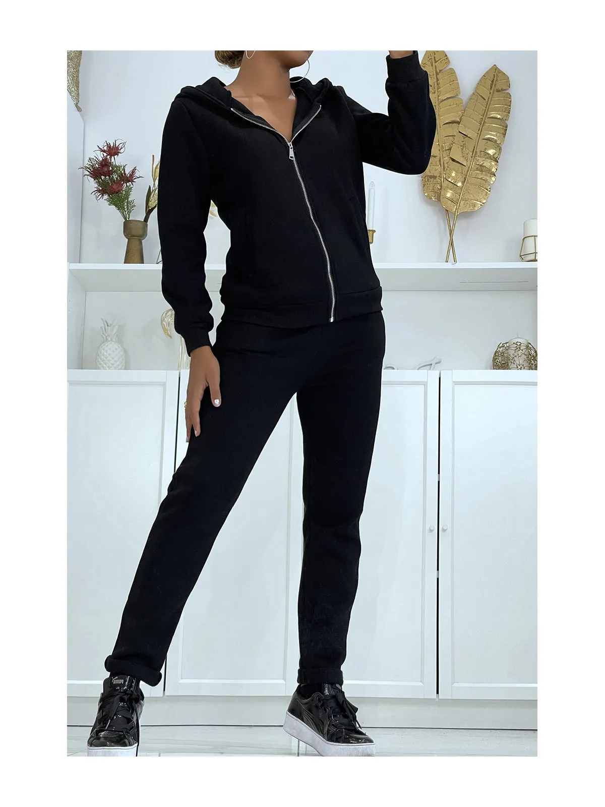 Ensemble doudoune 3 pièces sans manche noir avec sweat et jogging