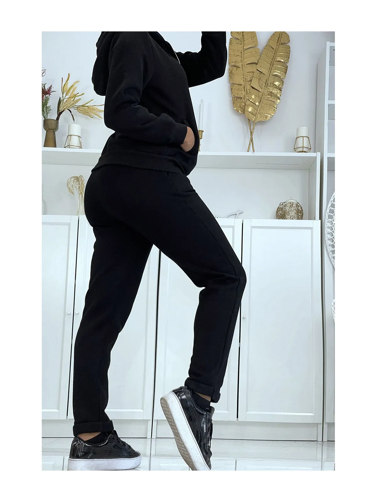 Ensemble doudoune 3 pièces sans manche noir avec sweat et jogging