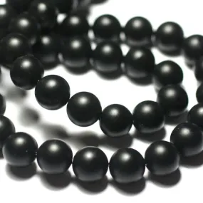 Fil 39cm 32pc env - perles de pierre - onyx noir mat sablé givré ciré boules 12mm