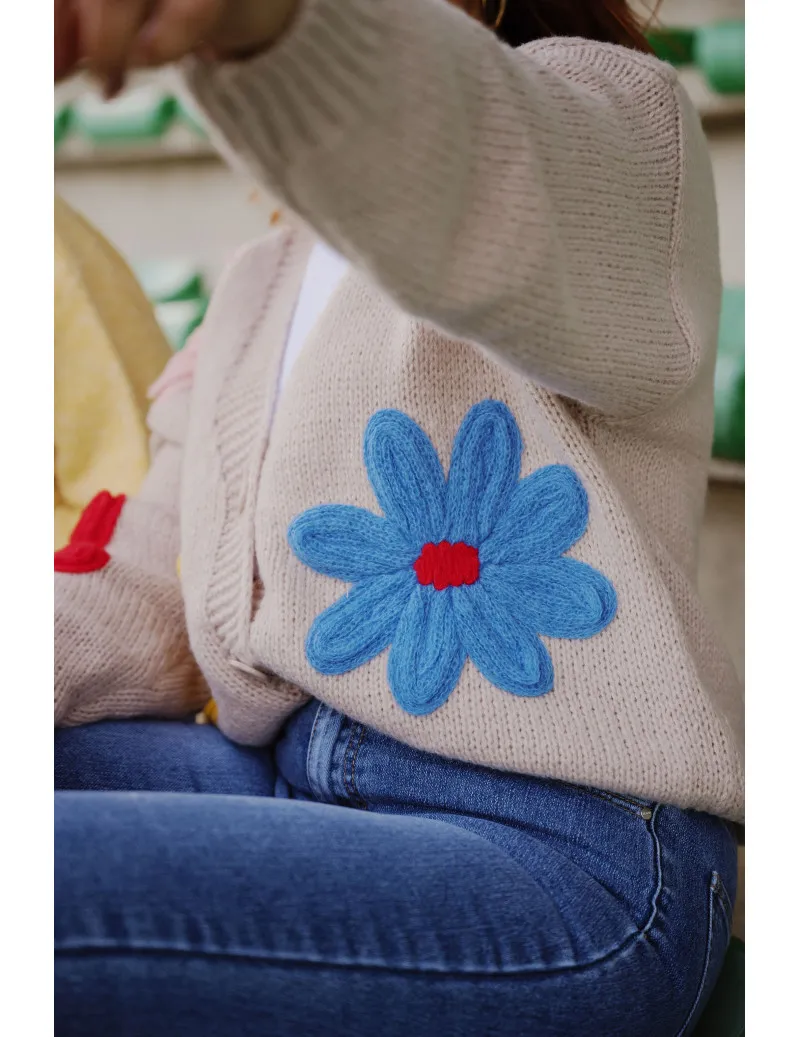 Gilet à Fleurs - Miel | Maille Tricot et Fleurs brodées à la Main