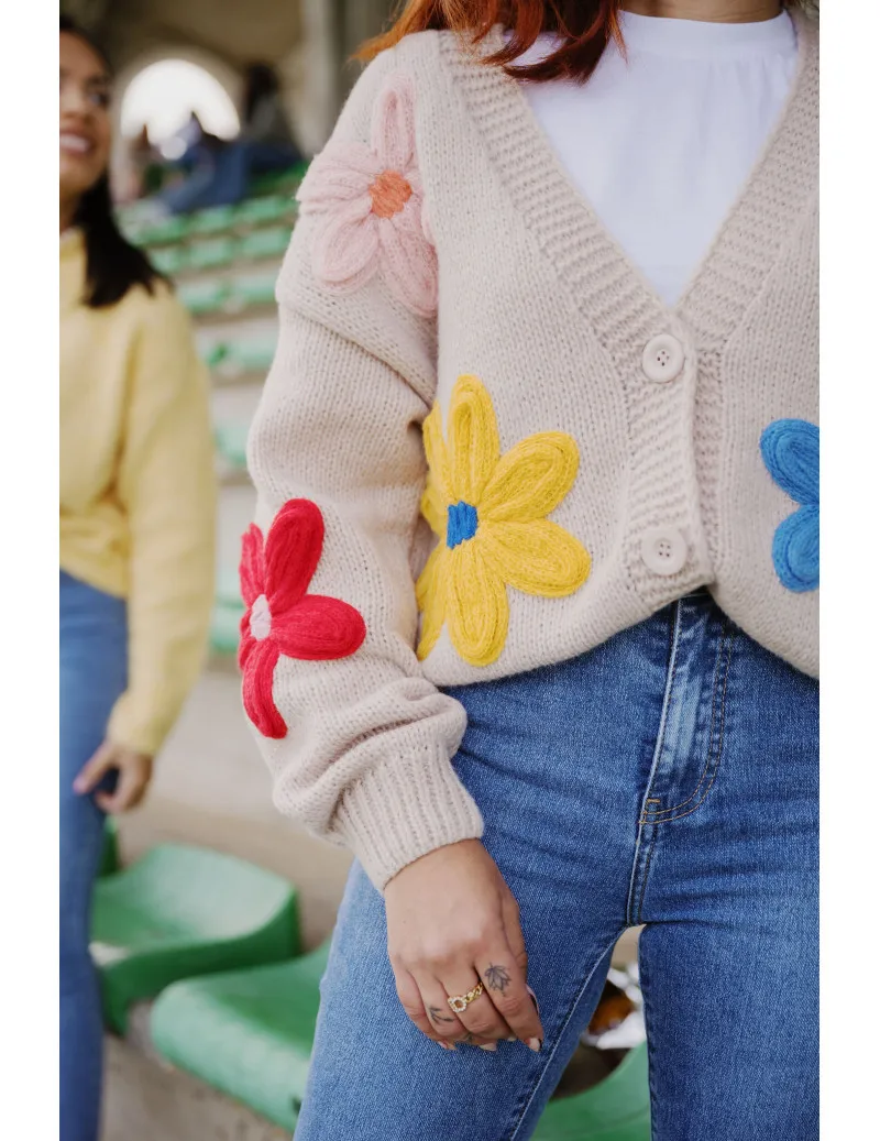 Gilet à Fleurs - Miel | Maille Tricot et Fleurs brodées à la Main