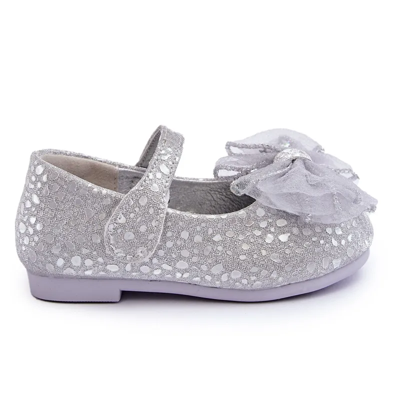 PA1 Ballerines Enfant Avec Noeud Et Velcro Paillettes Gris Argenté Elisa