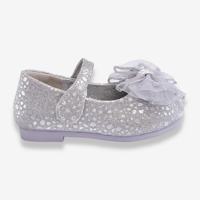 PA1 Ballerines Enfant Avec Noeud Et Velcro Paillettes Gris Argenté Elisa