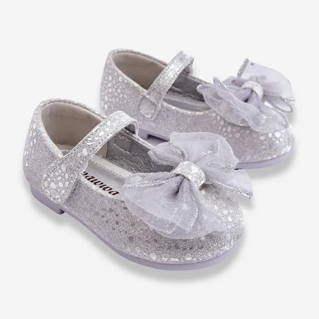 PA1 Ballerines Enfant Avec Noeud Et Velcro Paillettes Gris Argenté Elisa