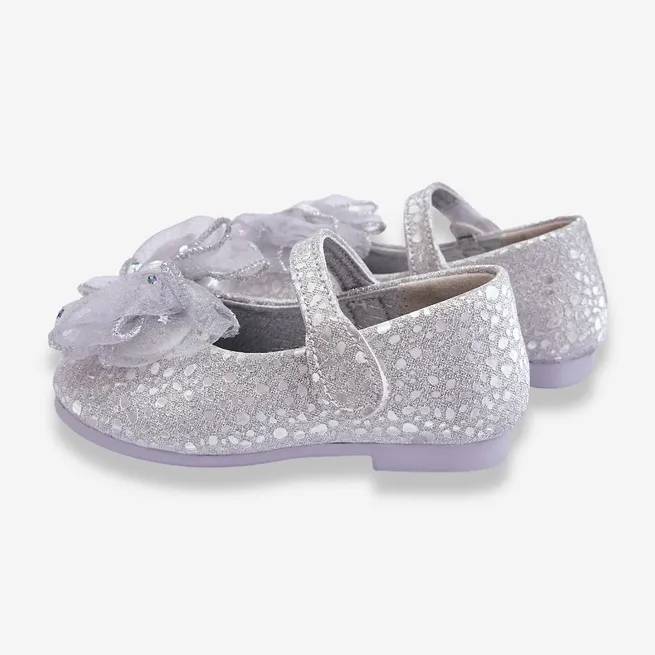 PA1 Ballerines Enfant Avec Noeud Et Velcro Paillettes Gris Argenté Elisa