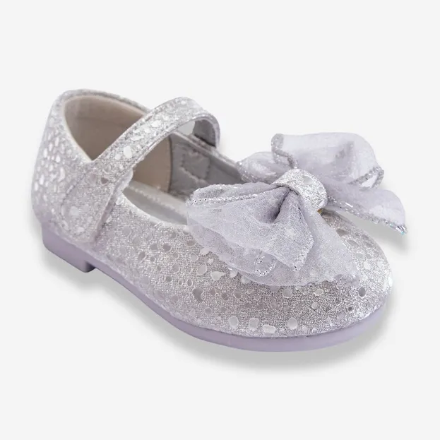 PA1 Ballerines Enfant Avec Noeud Et Velcro Paillettes Gris Argenté Elisa