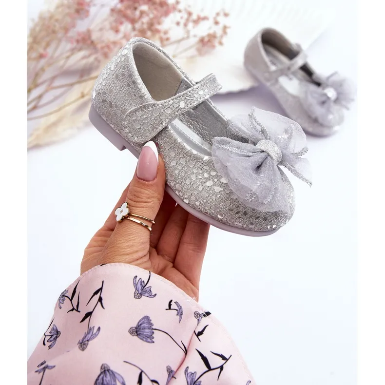 PA1 Ballerines Enfant Avec Noeud Et Velcro Paillettes Gris Argenté Elisa