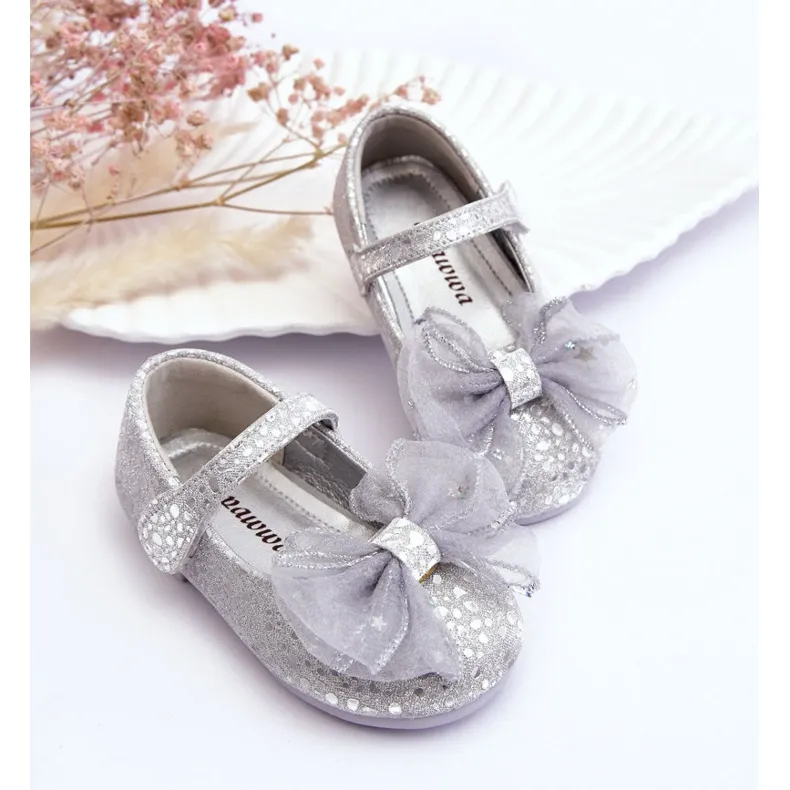 PA1 Ballerines Enfant Avec Noeud Et Velcro Paillettes Gris Argenté Elisa