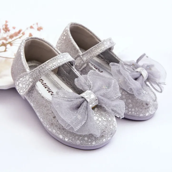 PA1 Ballerines Enfant Avec Noeud Et Velcro Paillettes Gris Argenté Elisa