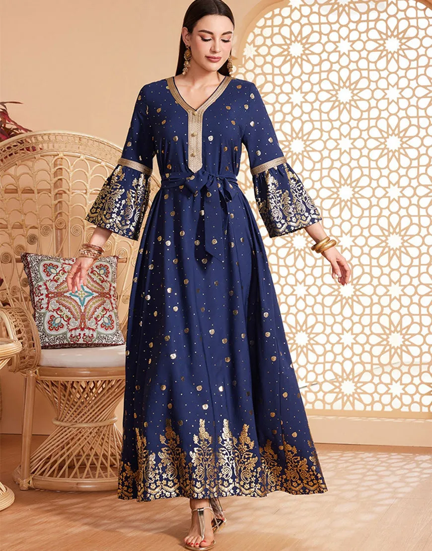 Robe caftan Abaya à manches longues et perles bleu foncé avec ceinture