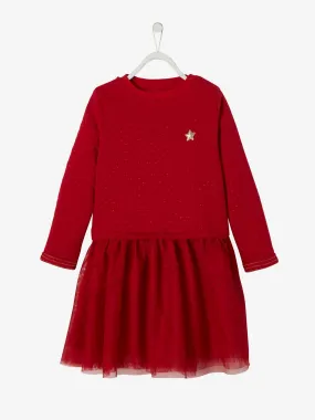 Robe de Noël fille bi-matière rouge brique - Vertbaudet