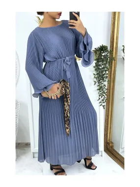 Robe longue plissée bleu indigo