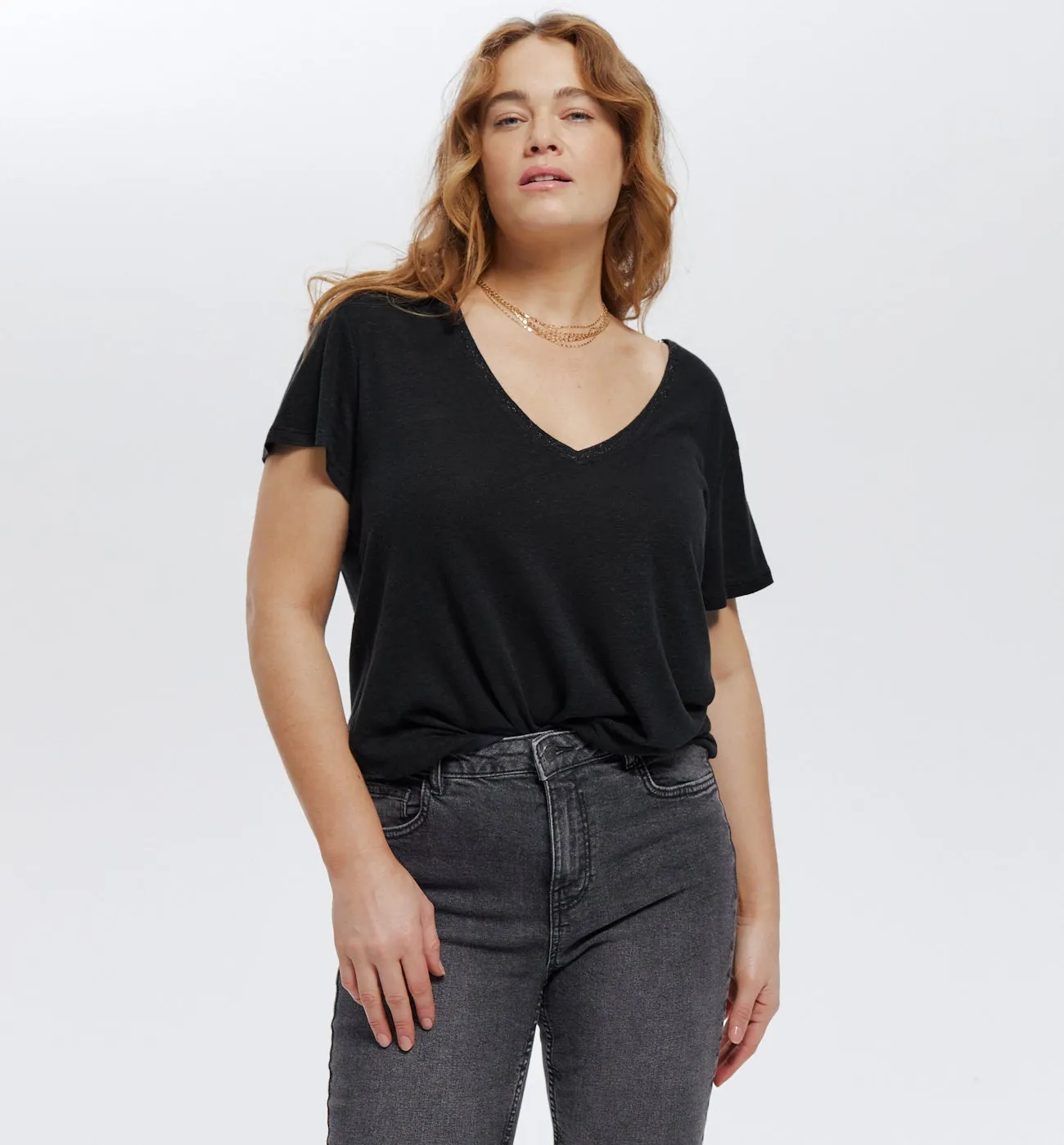 T-shirt col V Femme - Noir