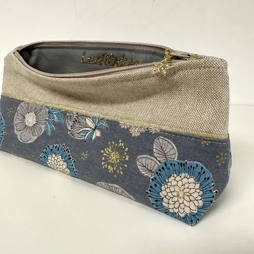 Trousse à stylos en tissu japonais fleuri, gris, bleu, doré / trousse écolier